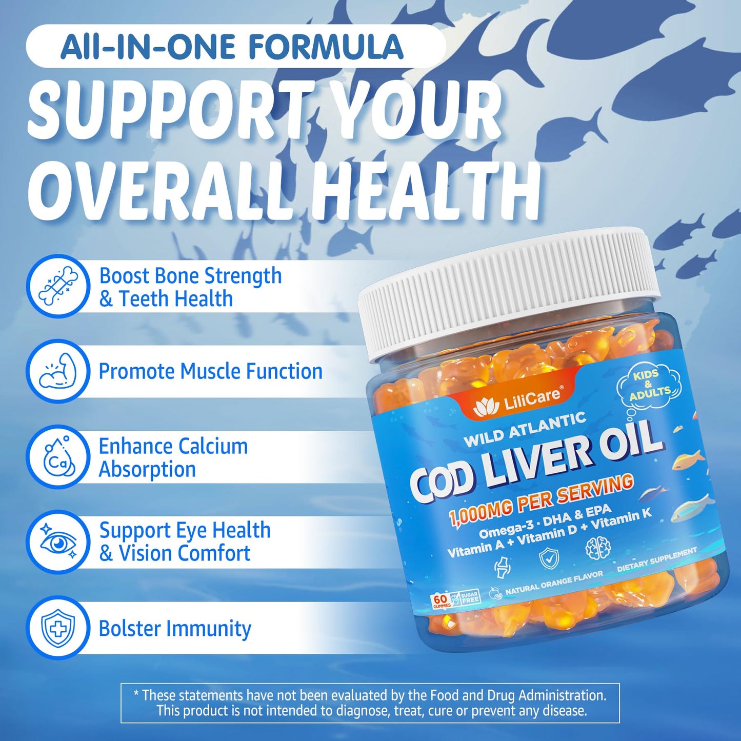 LILICARE Cod Liver Oil Gummies 1000mg with Omega-3 (EPA & DHA), Vitamins A, D3 & K2, Immune & Brain Support, Sugar-Free, Orange Flavor, 120 Gummies