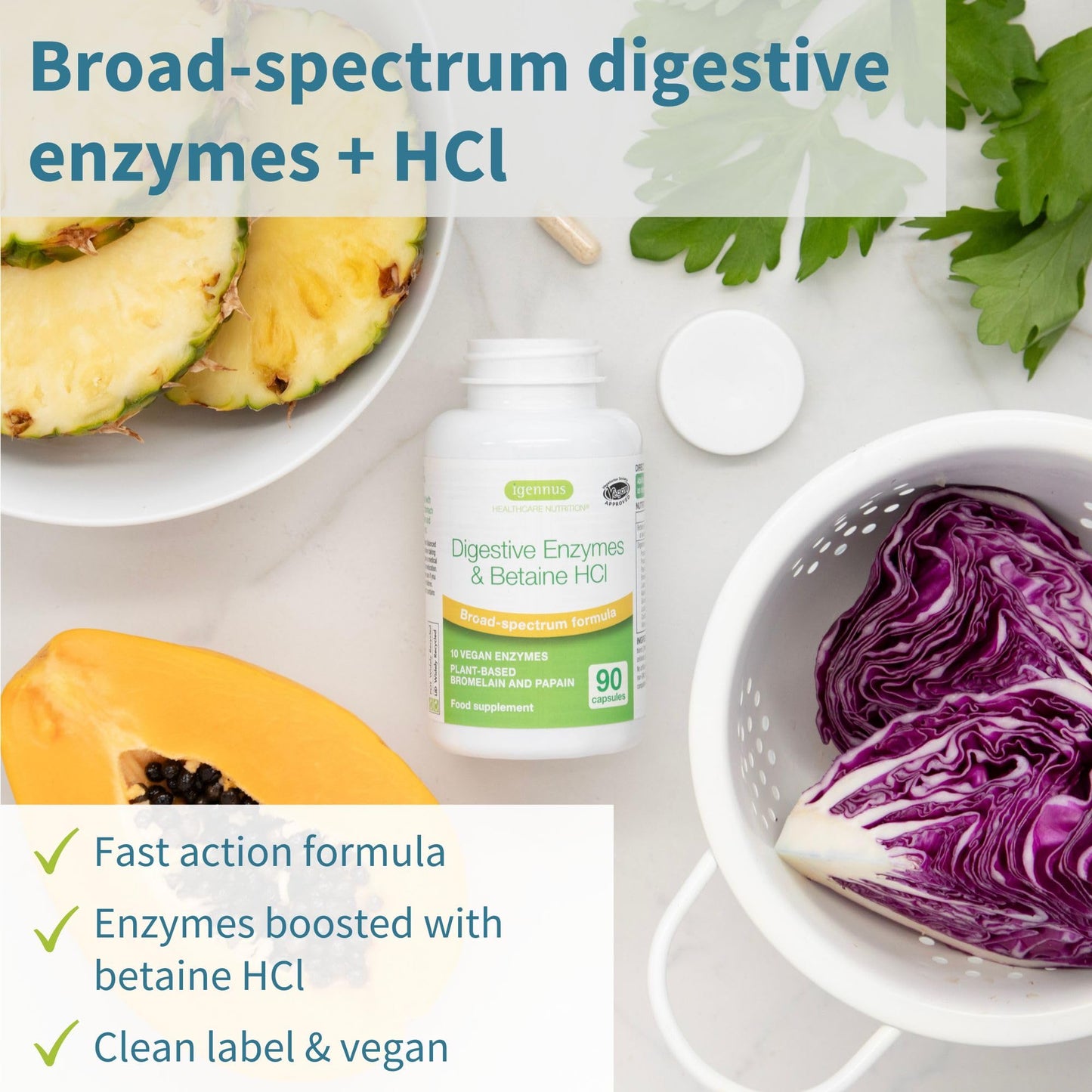 Igennus Healthcare Nutrition Fast Action Digestive Enzymes & Betaine HCl, 10 Broad Spectrum Enzymes with Protease, Lipase & Lactase, Papain & Bromelain, Plant-Based Vegan, Clean Label, for Women and Men, Capsule, 90