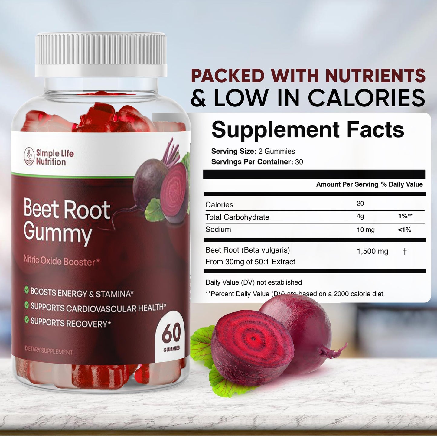 Simple Life Nutrition Organic Beet Root Gummies Nitric Oxide Booster for Men & Women 60 Gummies