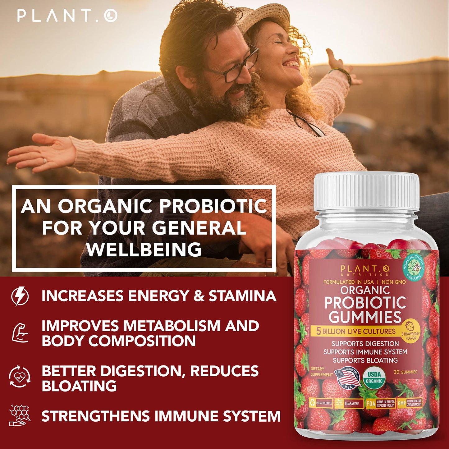 PLANT.O NUTRITION Organic Probiotic Gummies 5 Billion CFUs, 30 Gummies