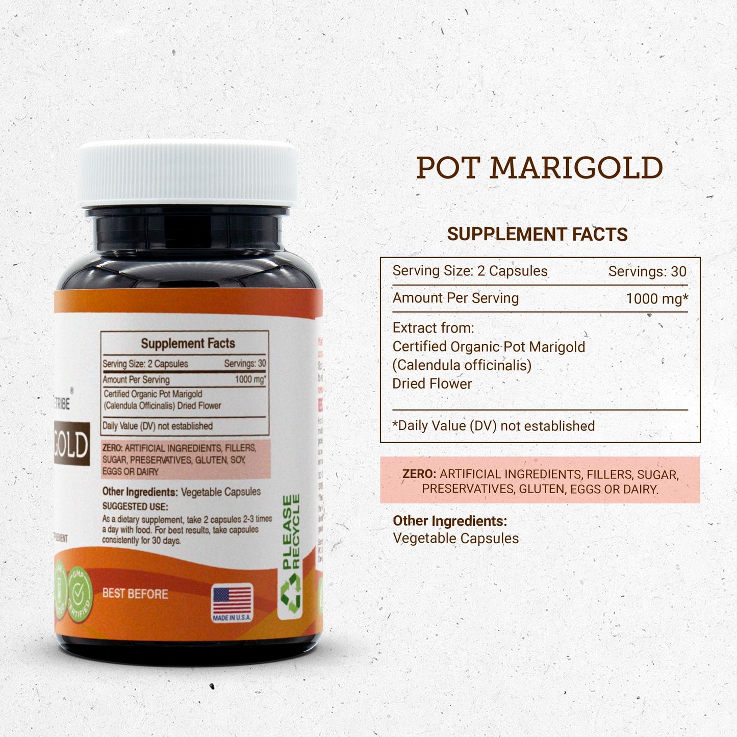 Secrets of the Tribe Pot Marigold (Calendula Officinalis) Dried Flower Capsules, 60 Count