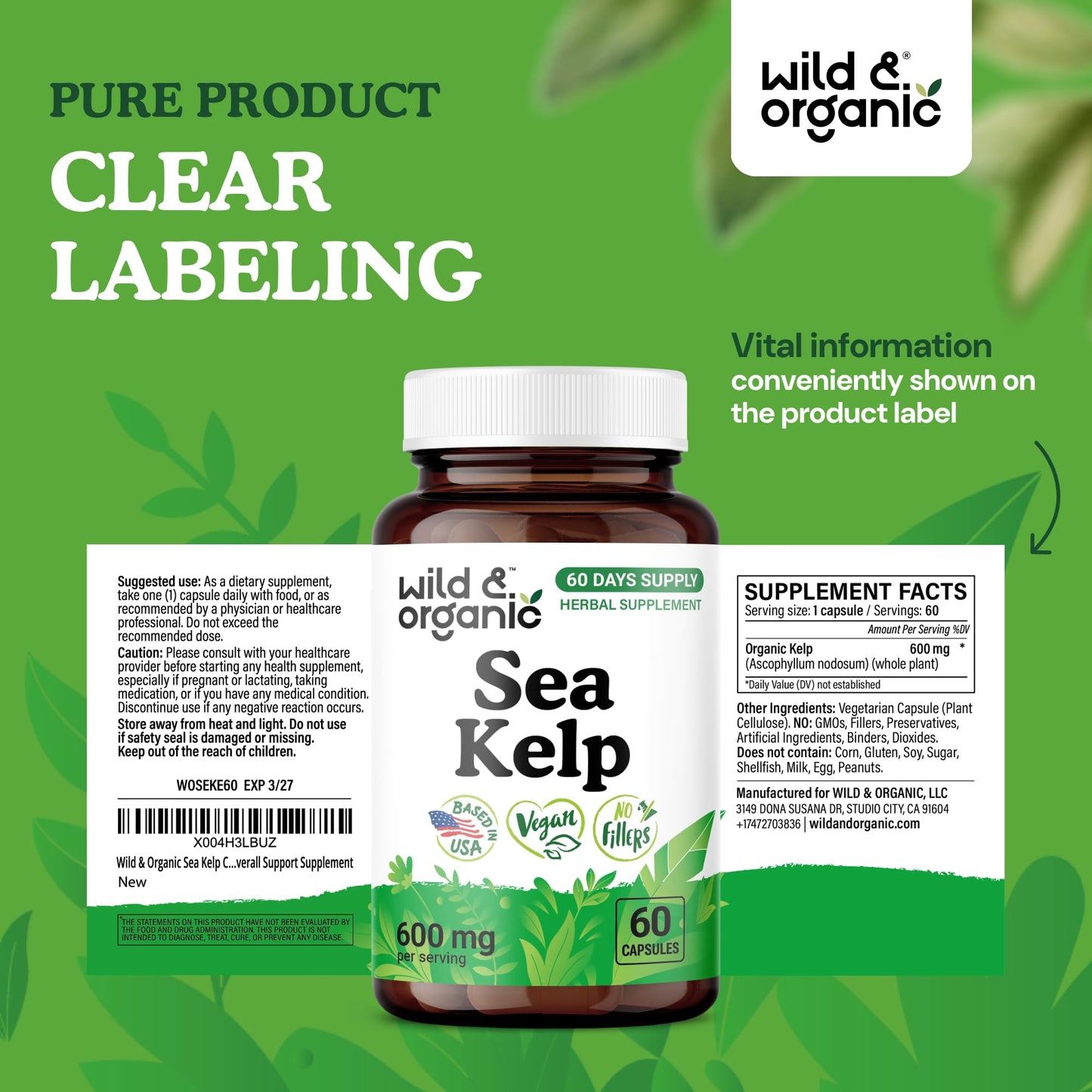 Wild & Organic Sea Kelp Supplement Capsules 600 mg, 60 Count