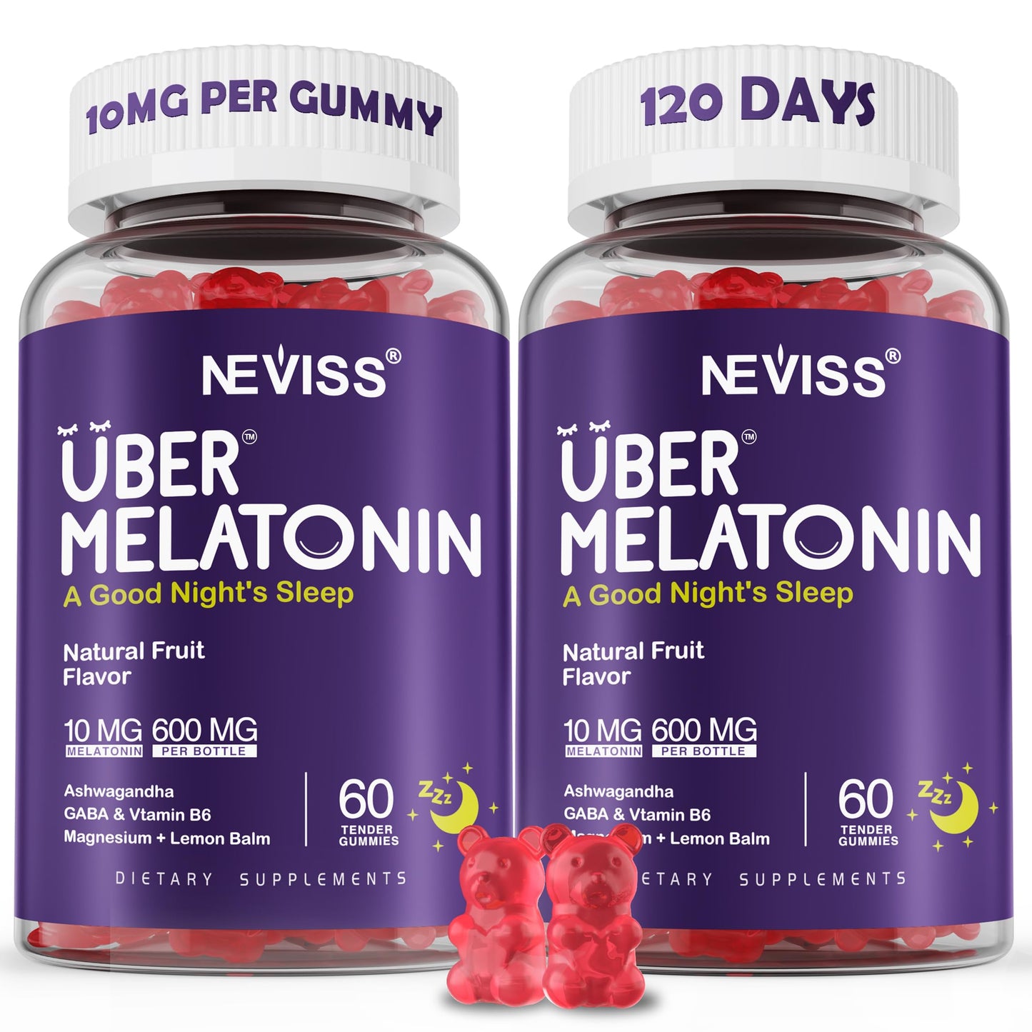 NEVISS Melatonin 10mg + Magnesium Glycinate Gummies for Adults, Rest Blend with GABA, L-Theanine, Valerian Root & Lemon Balm, 120 Gummies