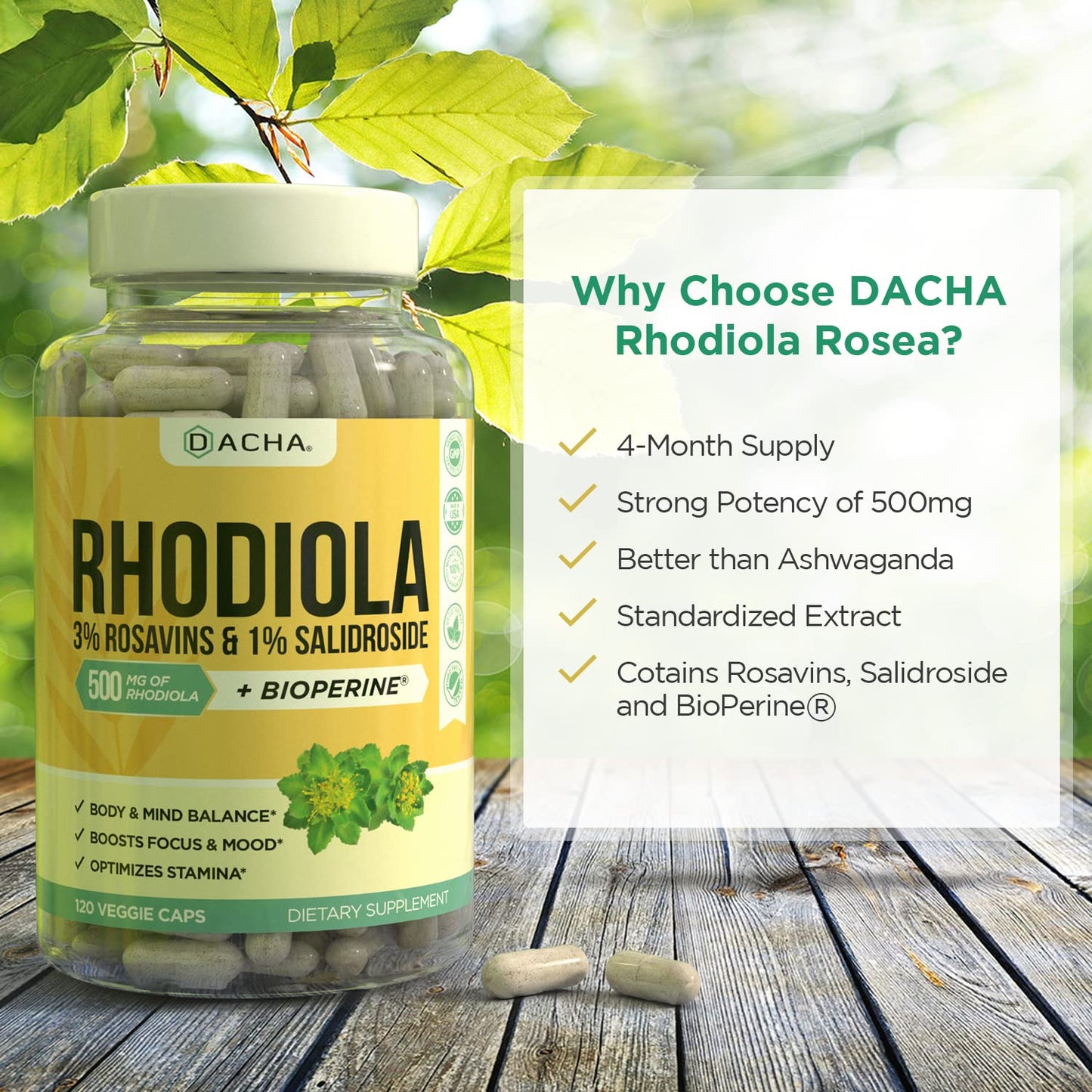 DACHA Rhodiola Rosea Capsule 500mg, 120 Count