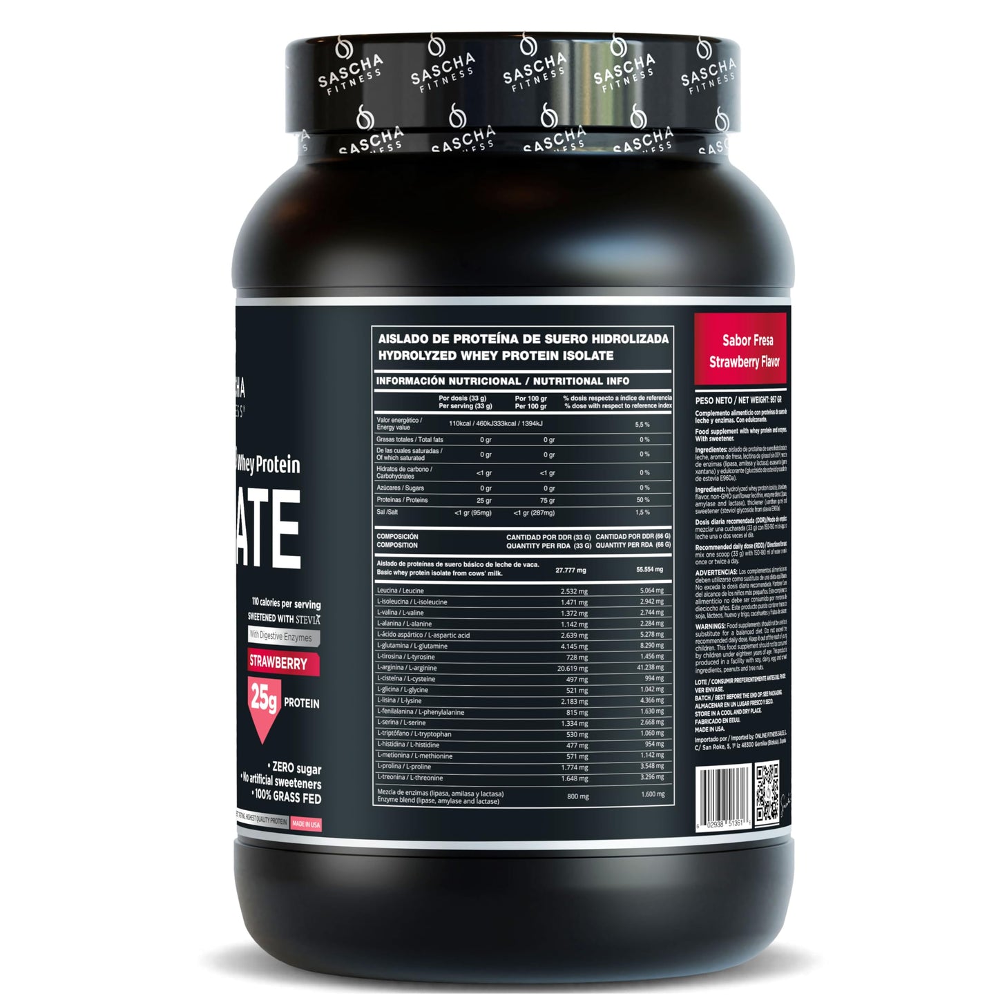 SASCHA FITNESS Hydrolyzed Whey Protein Isolate Powder Strawberry, 2.11 lb