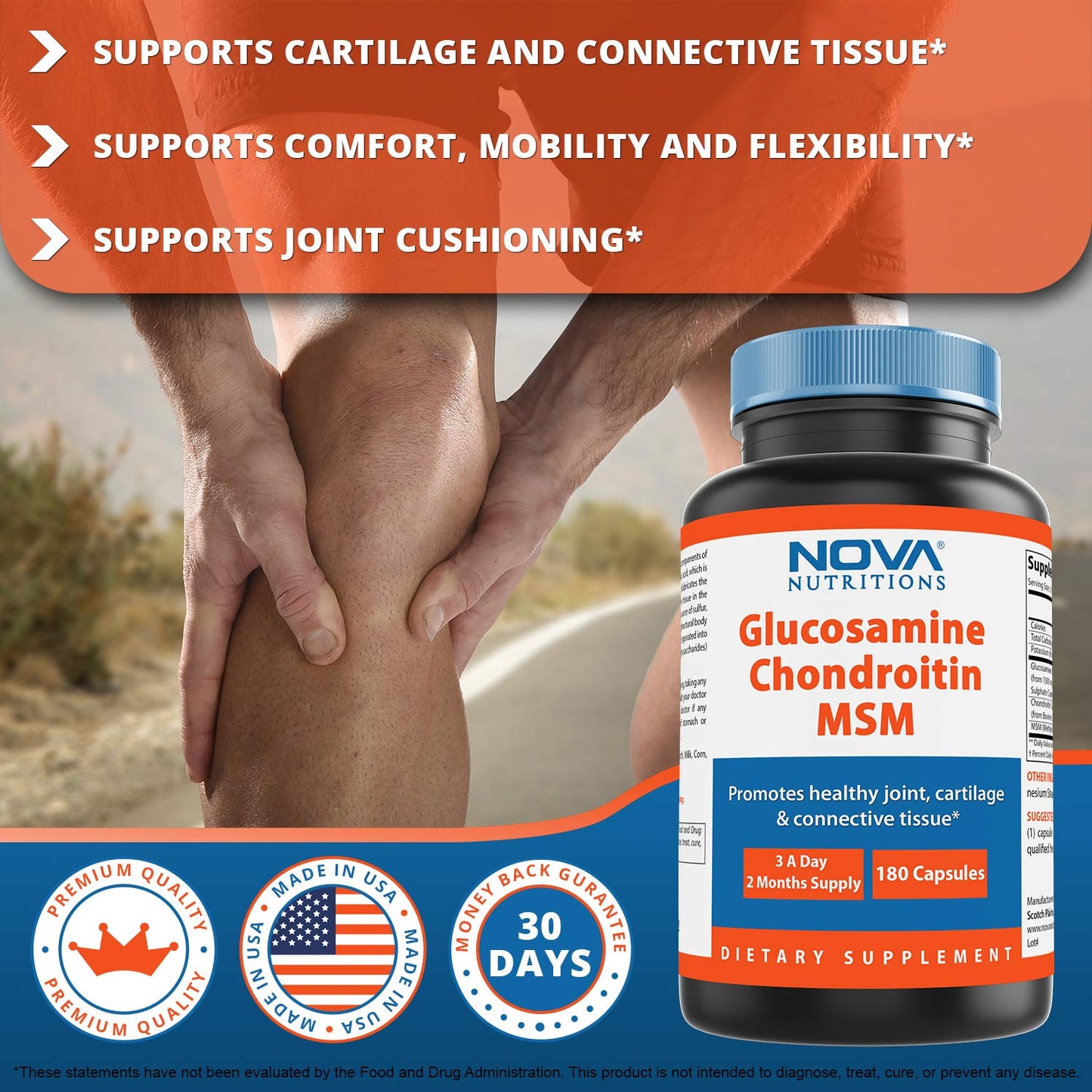 Nova Nutritions Triple Strength Glucosamine Chondroitin MSM 2600mg/Serving Capsules, 180 Count