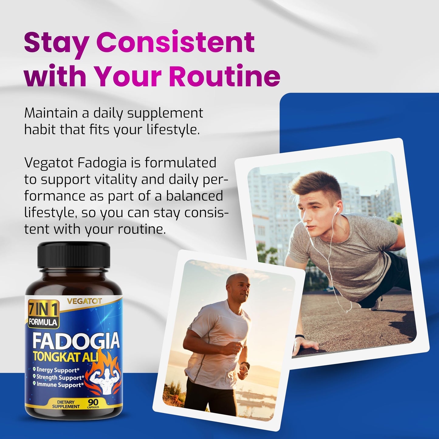VEGATOT 7 in 1 High Strength Fadogia Concentrated with Tongkat Ali Maca Root Fenugreek Ginseng Capsule 90 Count