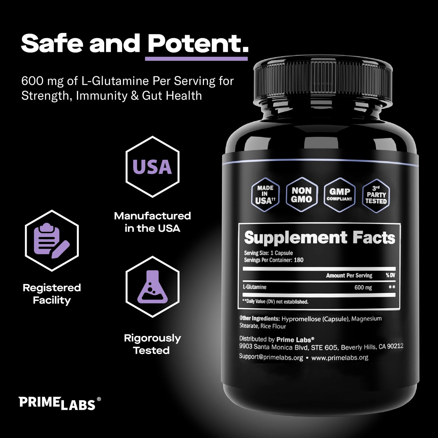 Prime Labs L-Glutamine Capsule 600 mg, 180 Count