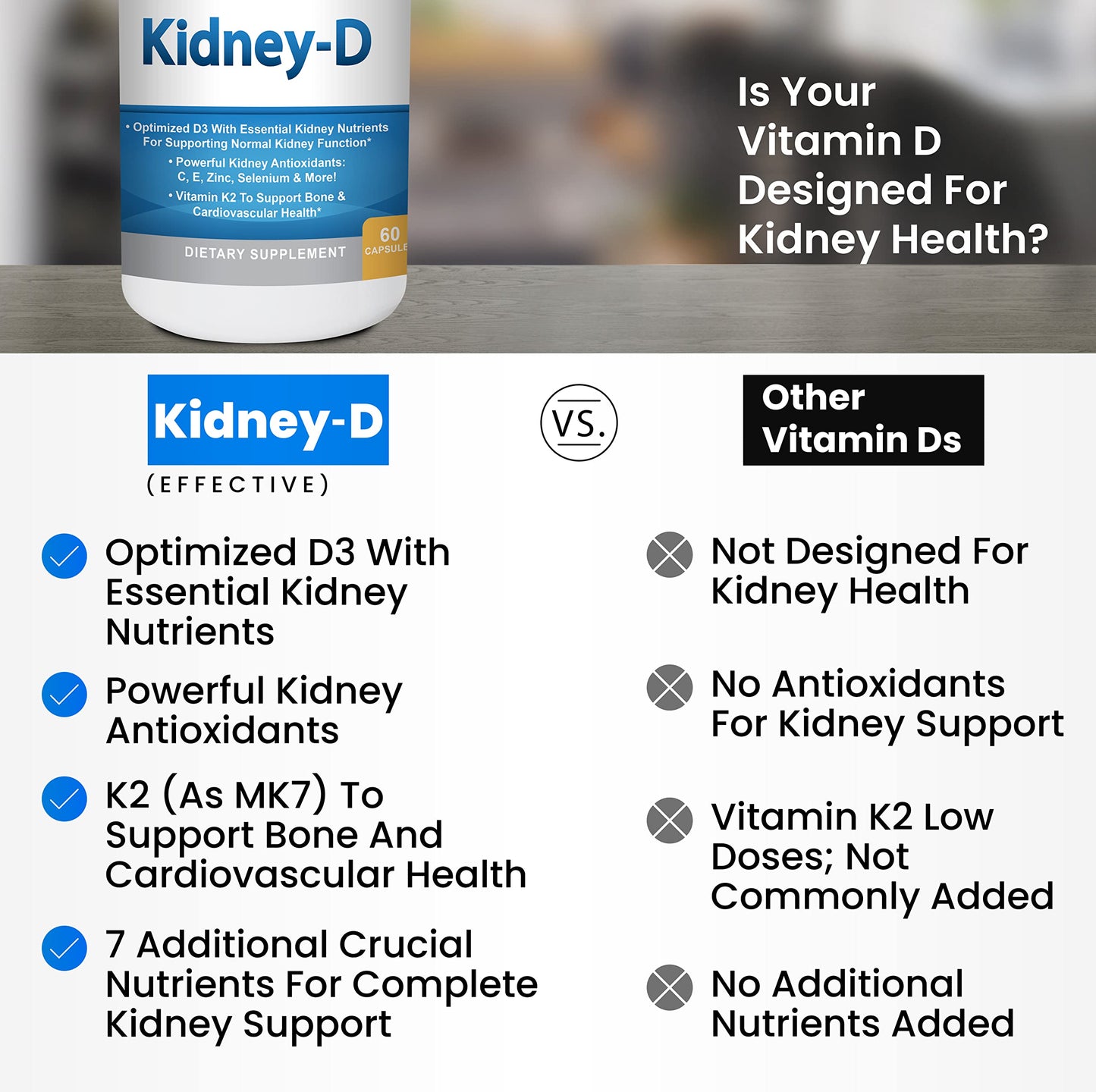 Kidney Restore Kidney-D Capsules for Kidney Support with Optimized Vitamin D Antioxidants, Kidney Probiotics, Sodium Bicarbonate for Kidney Cleansing, 2 Capsules