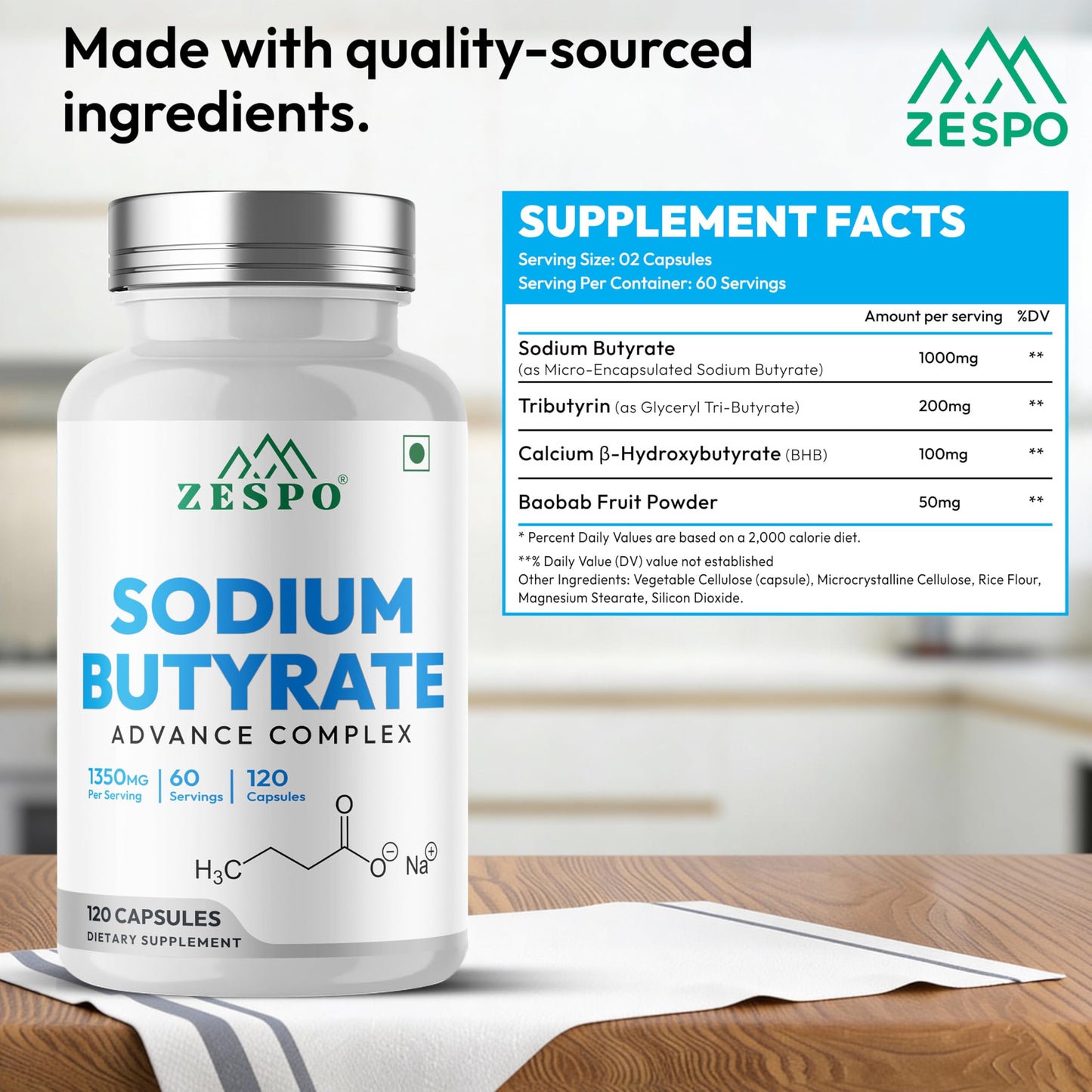 Zespo Sodium Butyrate 1000 mg (1350 mg Advanced Complex) – Micro-Encapsulated Butyrate with Tributyrin, Calcium BHB & Baobab – 120 Capsules