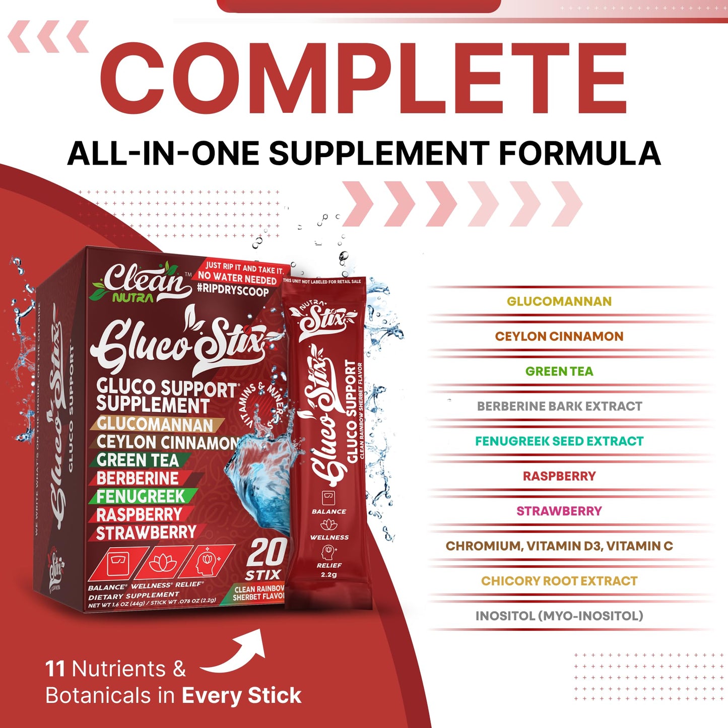Clean Nutraceuticals Ceylon Cinnamon Powder, Green Tea Extract, Glucomannan, Berberine Supplement, Chromium Picolinate, Apple Cider Vinegar – Rainbow Sherbet Powder Sticks, 20 Count