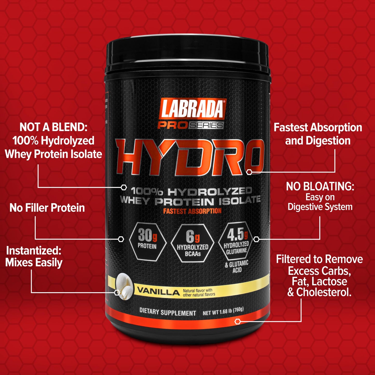 Labrada Hydro 100% Pure Hydrolyzed Whey Protein Isolate Powder, Vanilla, 1.68 lb