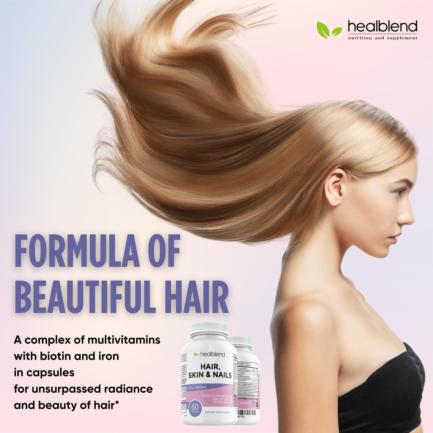 Healblend Hair Skin and Nails Vitamins for Women with Biotin 5000 mcg, Iron and Manganese, Vegan, Non-GMO, 60 Capsules