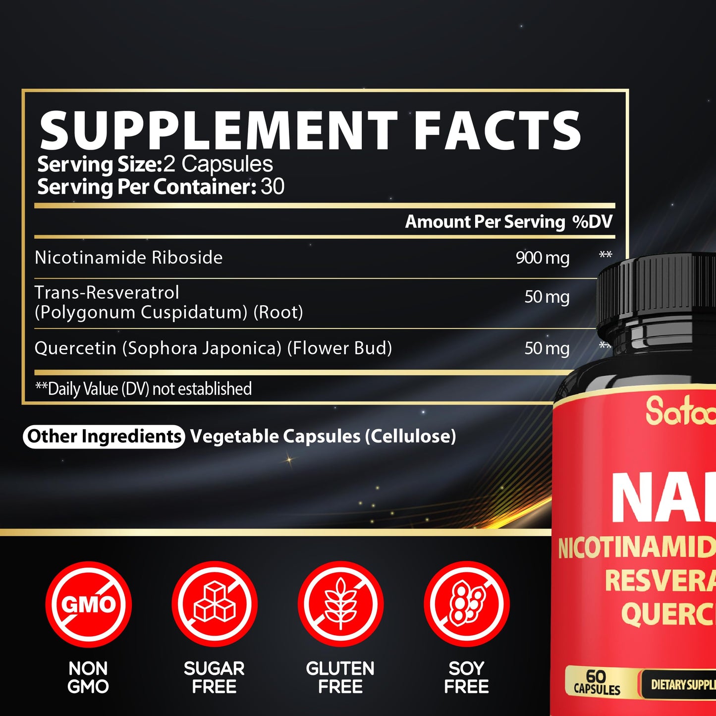Satoomi NAD Supplement with Nicotinamide Riboside NR, Resveratrol, Quercetin, 60 Capsules