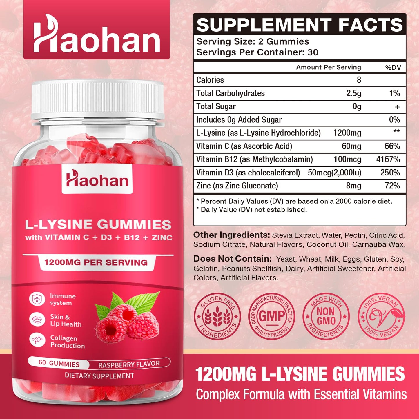 Haohan L-Lysine 1200mg Gummies, 60 Count