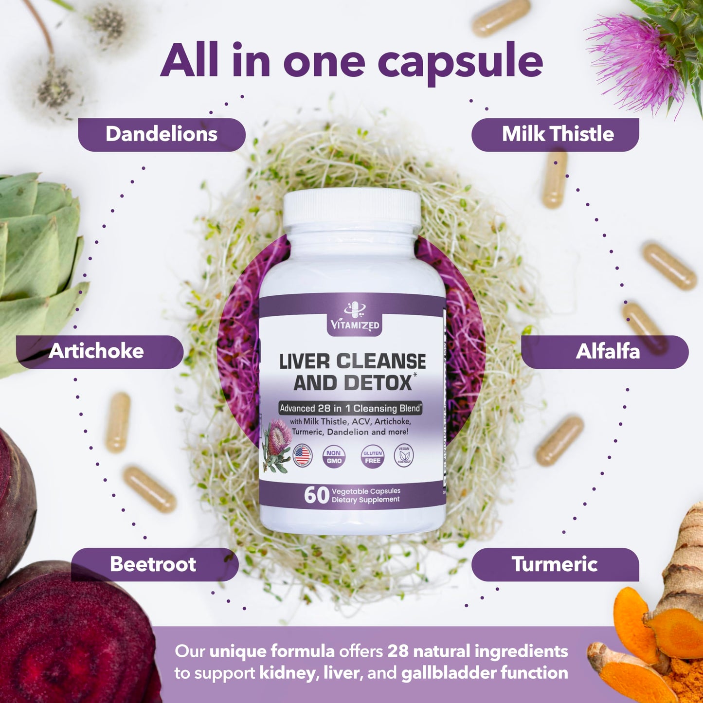 VITAMIZED Liver Cleanse Detox & Repair Fatty Liver Supplements 28-in-1 Advanced Herbal Liver Health Supplement Formula - Milk Thistle Silymarin, Artichoke Extract, Dandelion & Apple Cider Vinegar, 60 Capsules