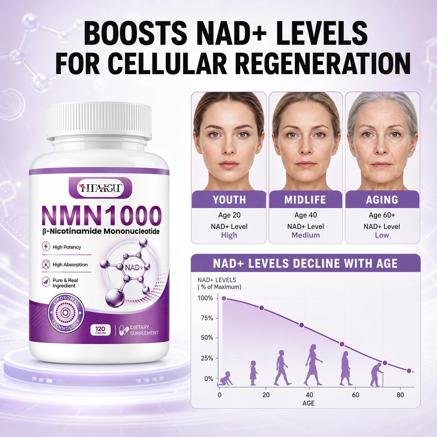 HEALGUT Liposomal NMN Supplement 1000mg Per Serving, 99.9% Pure NMN (Nicotinamide Mononucleotide) for NAD+ Support, Cellular Energy, Healthy Aging & Longevity, Higher Absorption, 120 Capsules