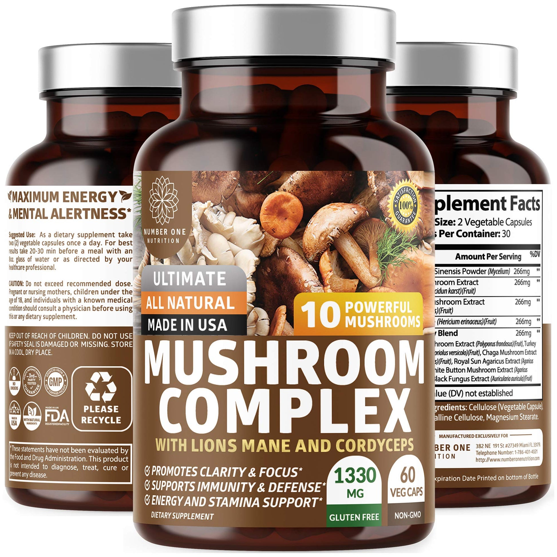 Number One Nutrition N1N Premium Mushroom Complex Capsules, 60 Count