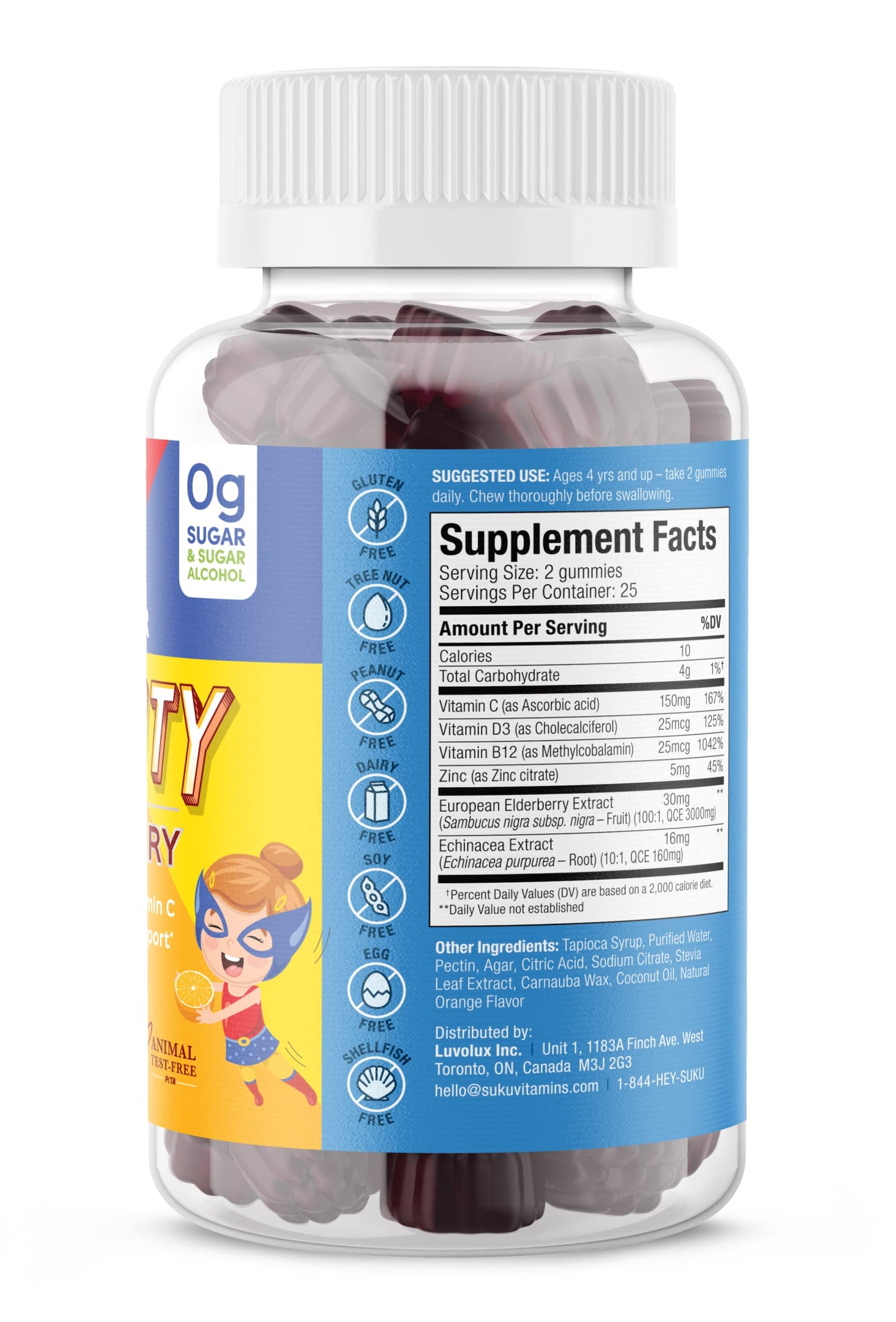 SUKU Gummy Vitamins - Kids Super Immunity Elderberry, Echinacea, Vitamin A and Zinc - 50 Count