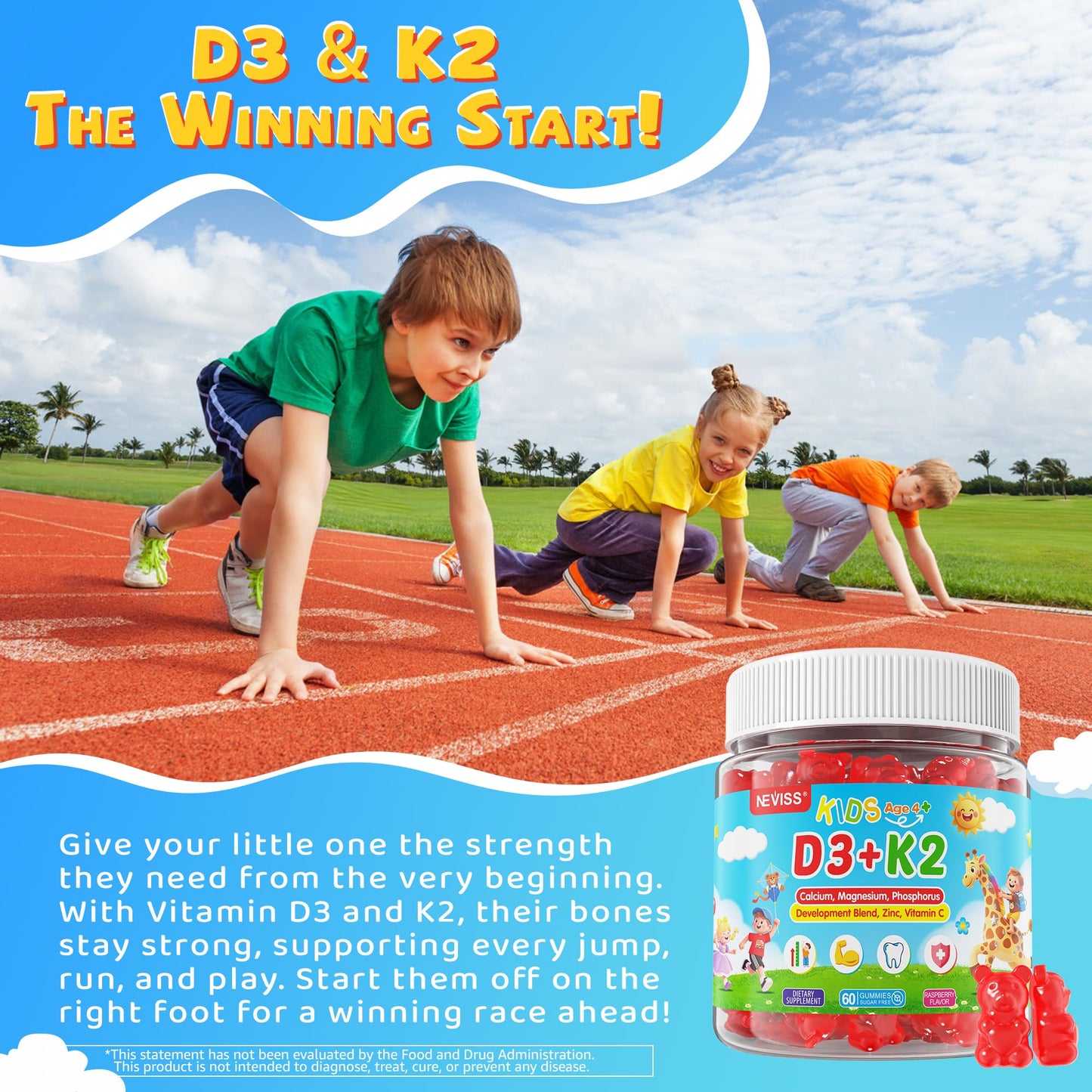 NEVISS Kids & Teens Vitamin D3 K2 Gummies + Calcium, Magnesium, Zinc, Phosphorus C, 60 Gummies