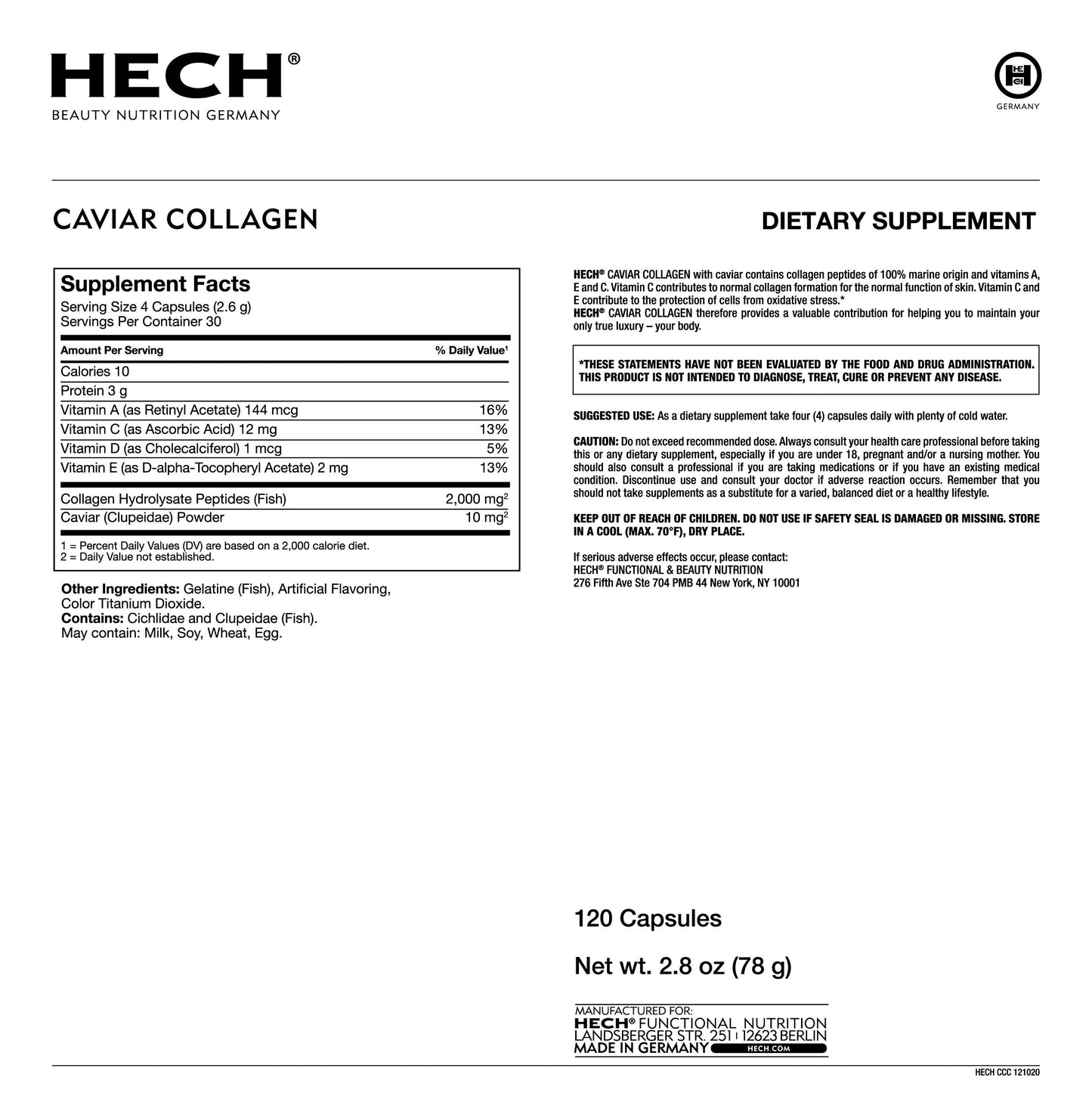 HECH Marine Caviar Collagen Capsules, 120 Count