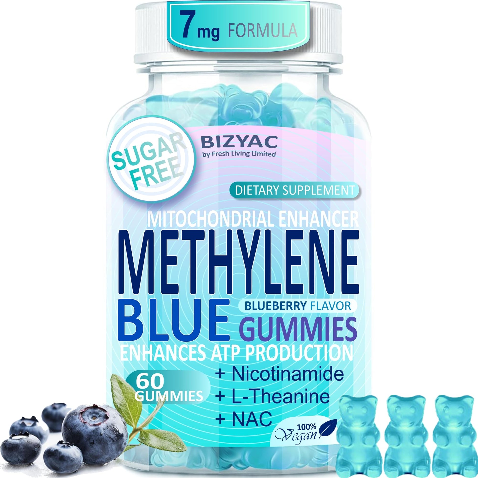 BIZYAC Methylene Blue Gummies 7mg with NAC, Vitamin B3 & L-Theanine, Brain & Mitochondrial Support, Sugar Free, 60 Count