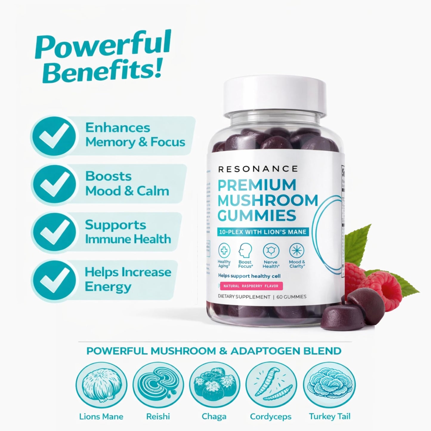 Resonance Health Premium Mushroom 10-PLEX Gummies, Cognitive Support, 60 Gummies