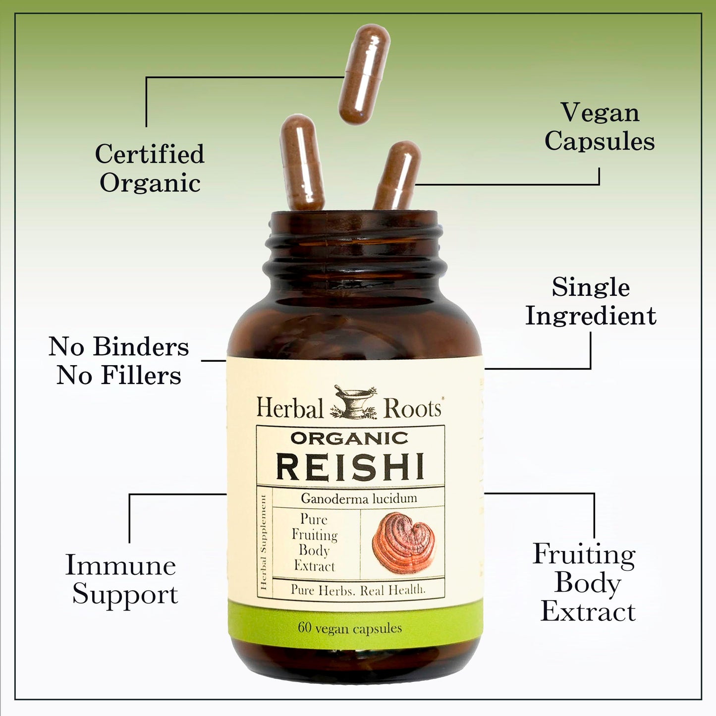 Herbal Roots Organic Reishi Mushroom Capsules 60 Capsules