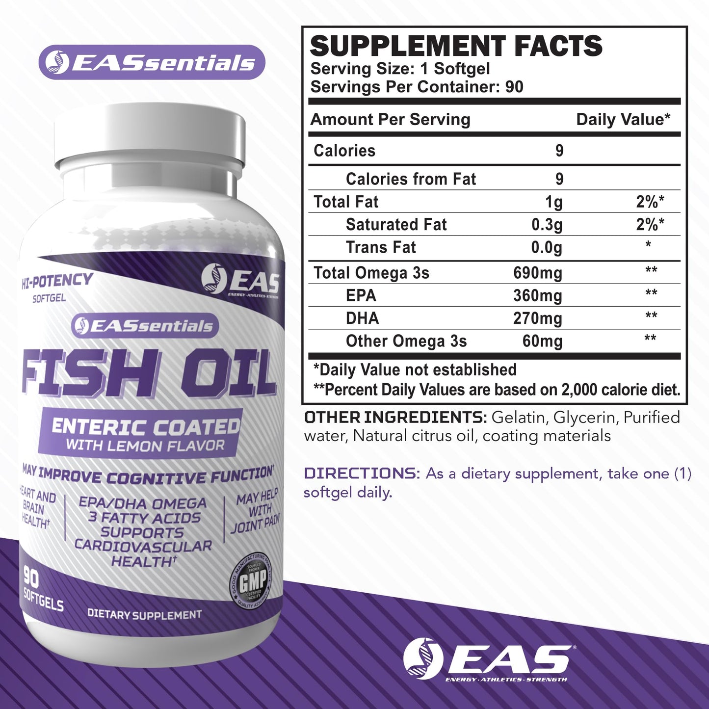 Experimental and Applied Sciences High Potency Fish Oil EPA + DHA Omega-3s Fatty Acids for Heart & Brain Health Gluten Free Non GMO Enteric Coated with Lemon Flavor Softgels 90