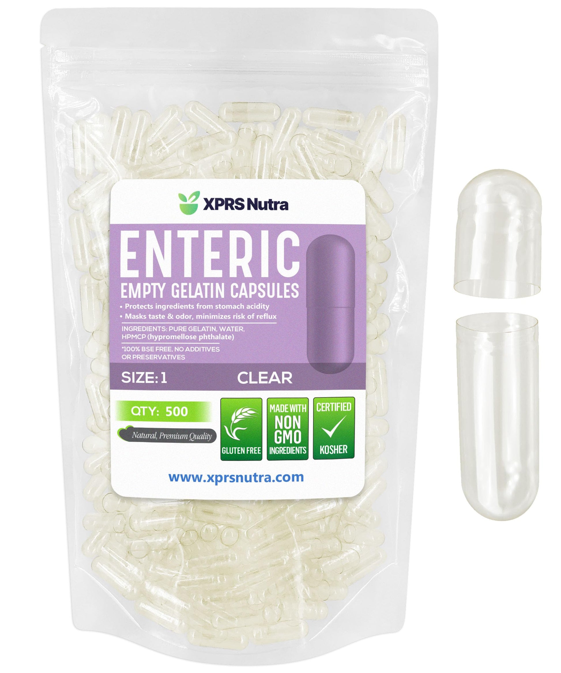 XPRS Nutra Size 1 Empty Gelatin Capsules, 500 Count, Clear Enteric Coated