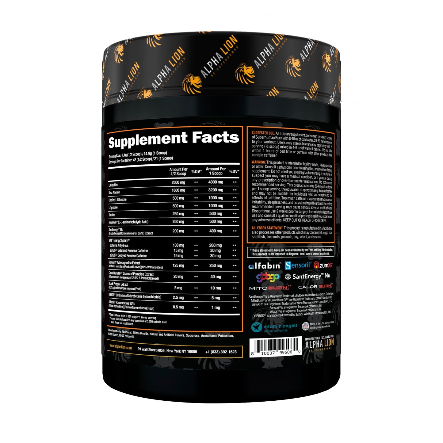 ALPHA LION Superhuman Burn 2-in-1 Metabolism Booster Pre Workout and Men's Thermogenic Fat Burner Sour Gummy Bear Hulk Juice Powder 10.96 Ounces