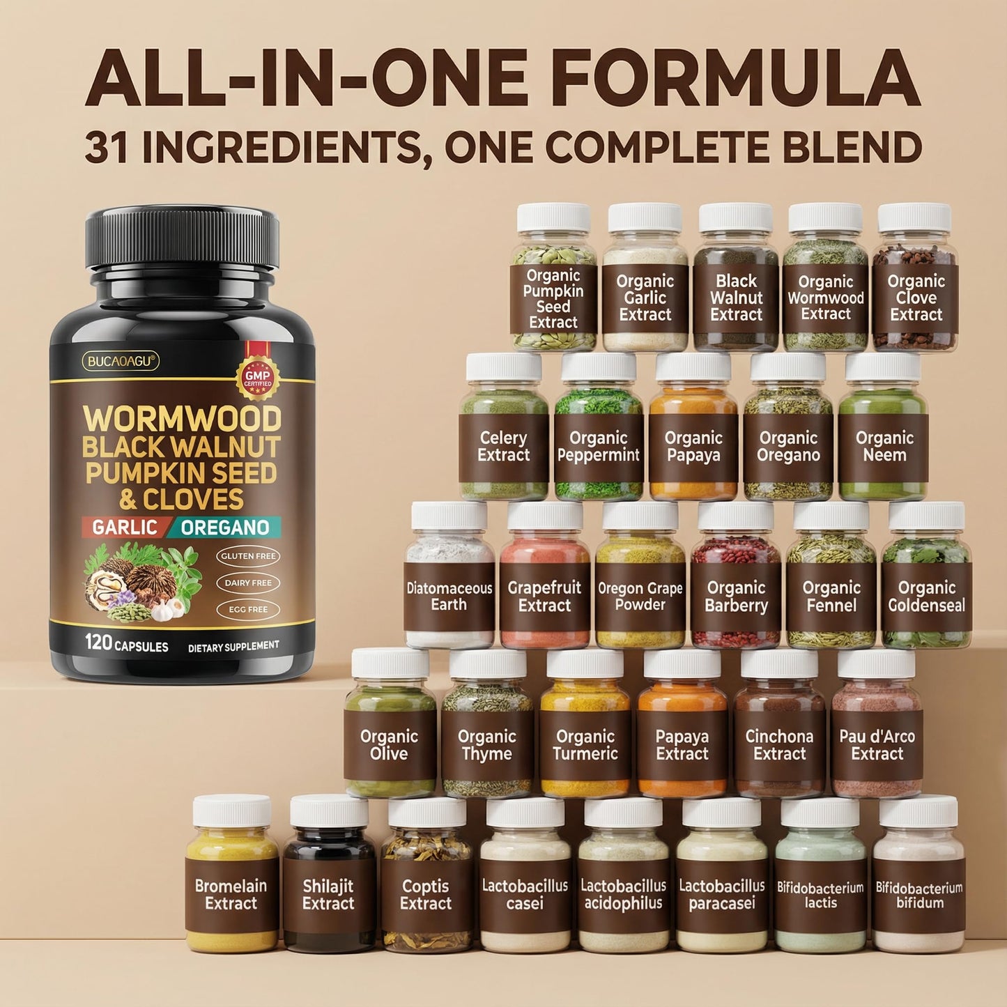 BUCAOAGU Black Walnut Wormwood Clove Cleanse for Humans Gut Cleanse & Digestive Health with Pumpkin Seed Garlic Celery Neem Papaya Diatomaceous Earth Probiotic Supplement Vegan Capsules 120