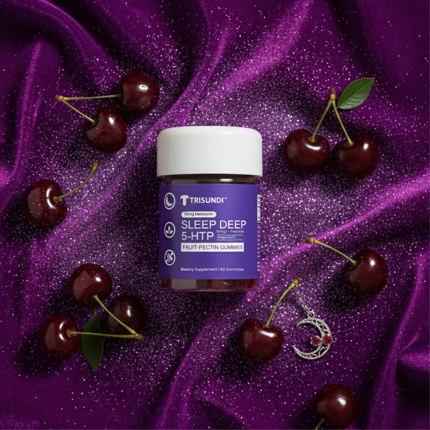 Trisundi Sleep Gummies Deep Relax 5-HTP Gummies – Melatonin, L-Theanine & Magnesium – Vegan Fruit-Pectin Formula – Gluten & Soy Free, 60 Gummies