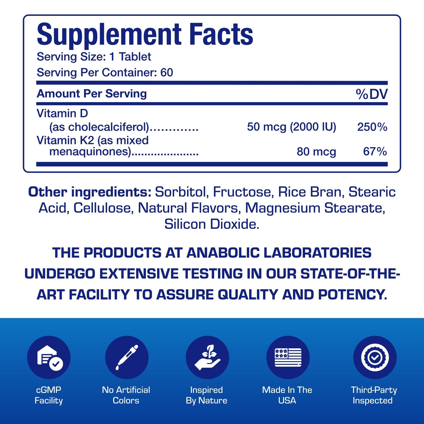 Anabolic Laboratories Chewable Vitamin D and K2 Supplement - Clinical D3 K2 2000IU Tablet, 60 Tablets