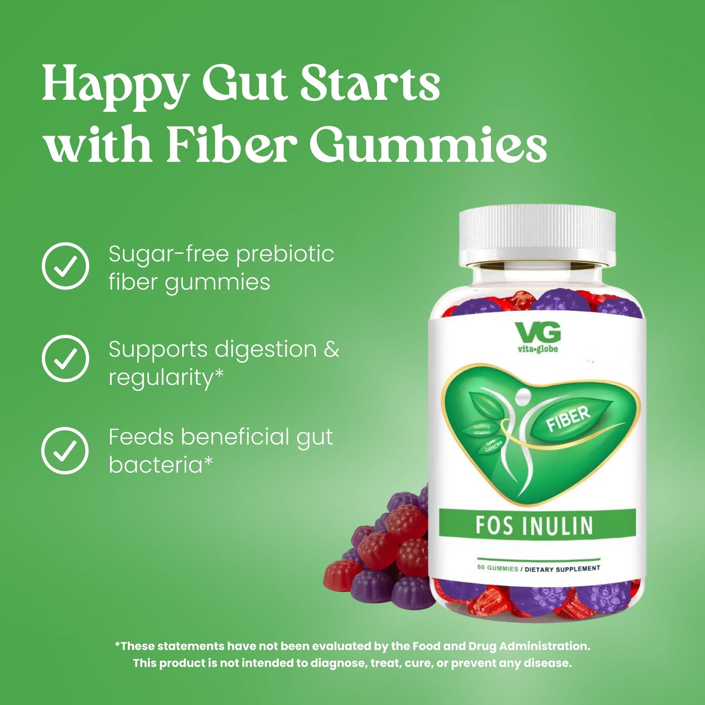 VITA GLOBE Prebiotic Fiber Gummies with FOS Inulin, Sugar Free, Non-GMO 60 Gummies