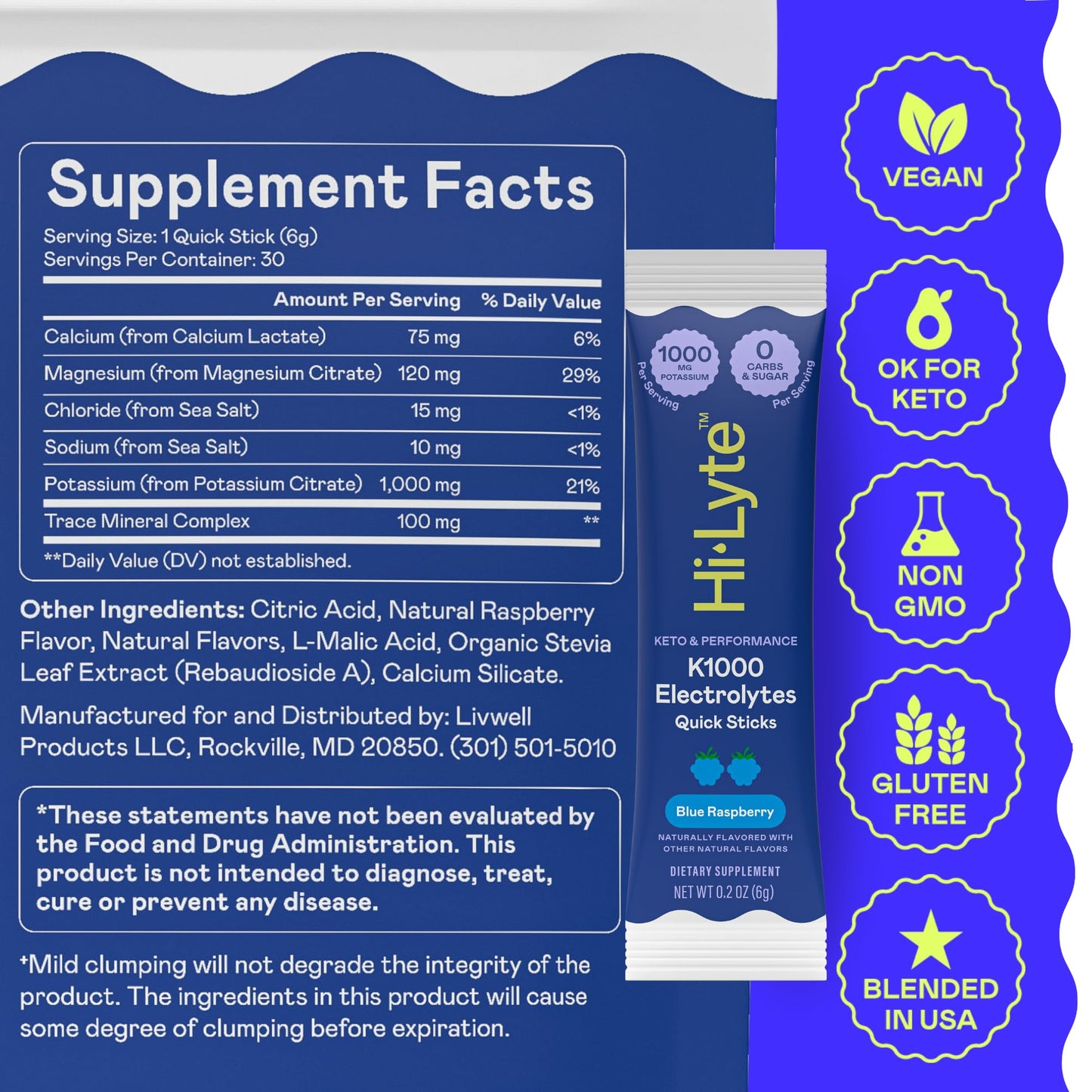 Hi-Lyte K1000 Blue Raspberry Electrolytes Powder Packets, 30 Servings