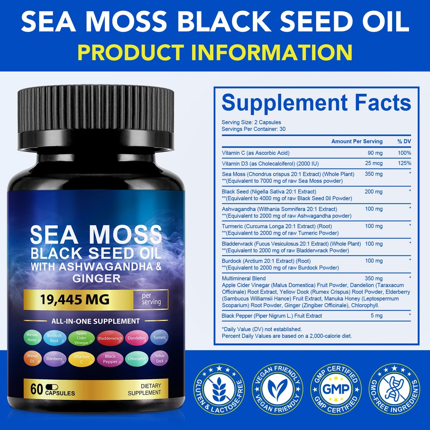 Vortexonix Sea Moss & Black Seed Oil with Ashwagandha, Ginger & Turmeric Softgels, 60 Count