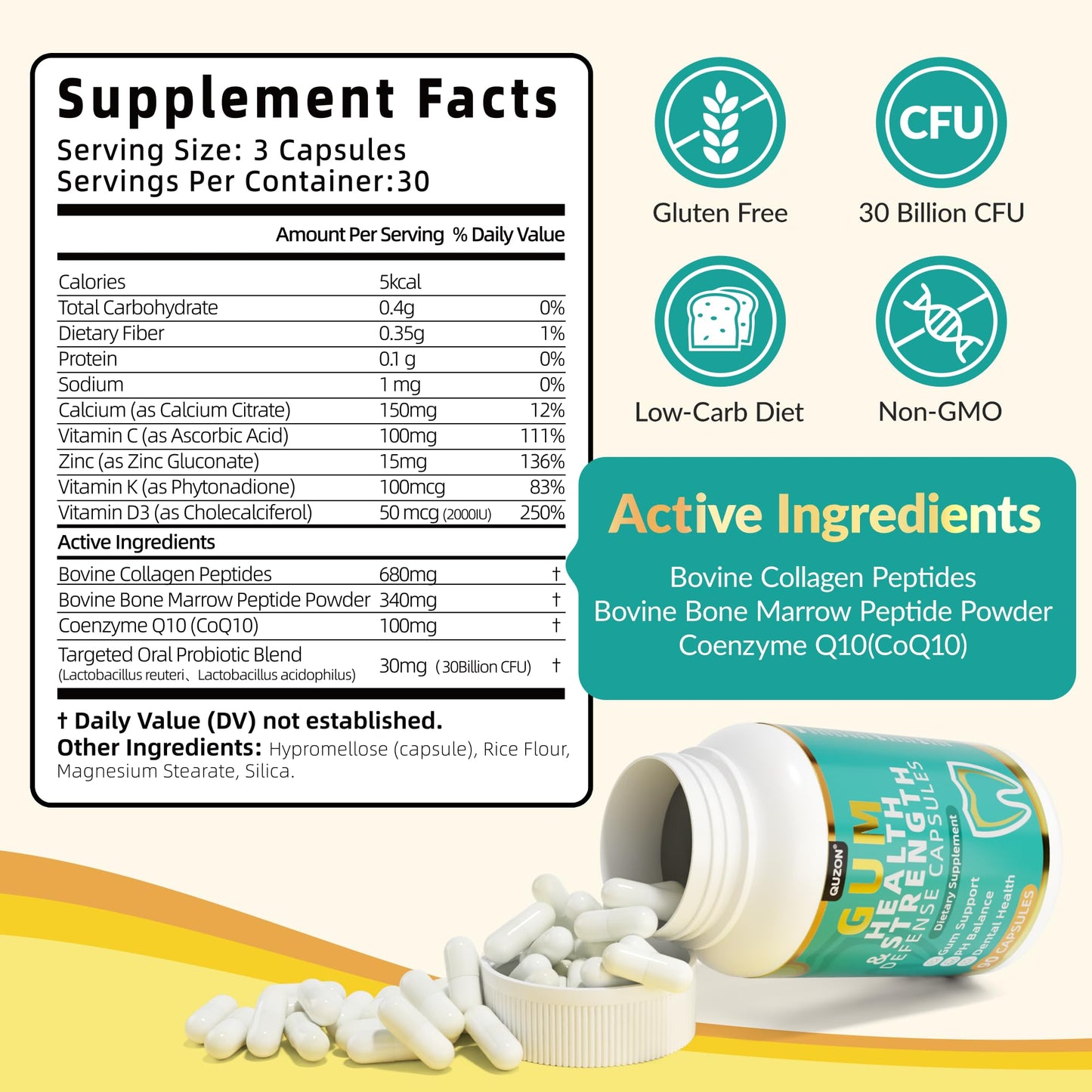 QUZON Advanced Gum Care Formula with Bovine Bone Marrow, Collagen, Vitamins D3 and K2, CoQ10 - Daily Oral Support Supplement for Adults 90 Capsules