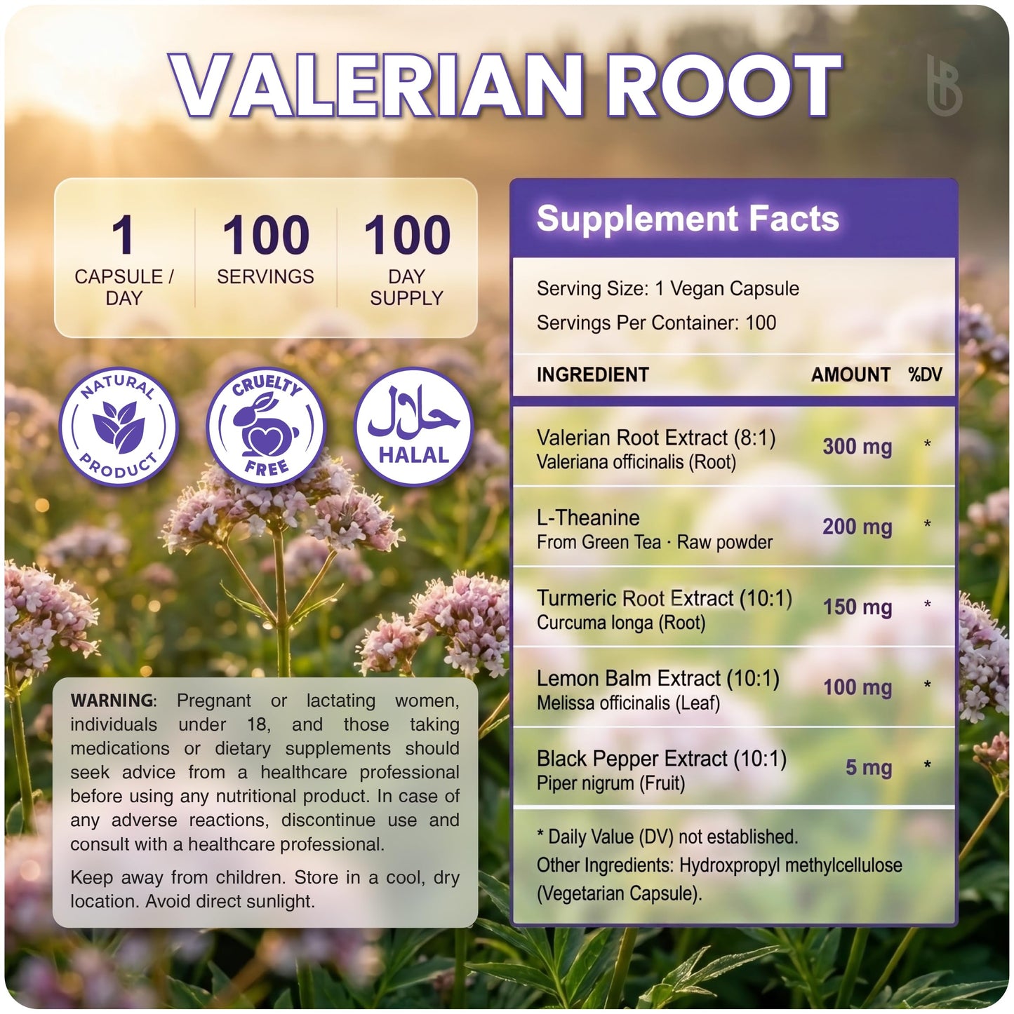 Herbpy 5in1 Valerian Root Capsules with L-Theanine, Lemon Balm, Turmeric & Black Pepper, 100 Count