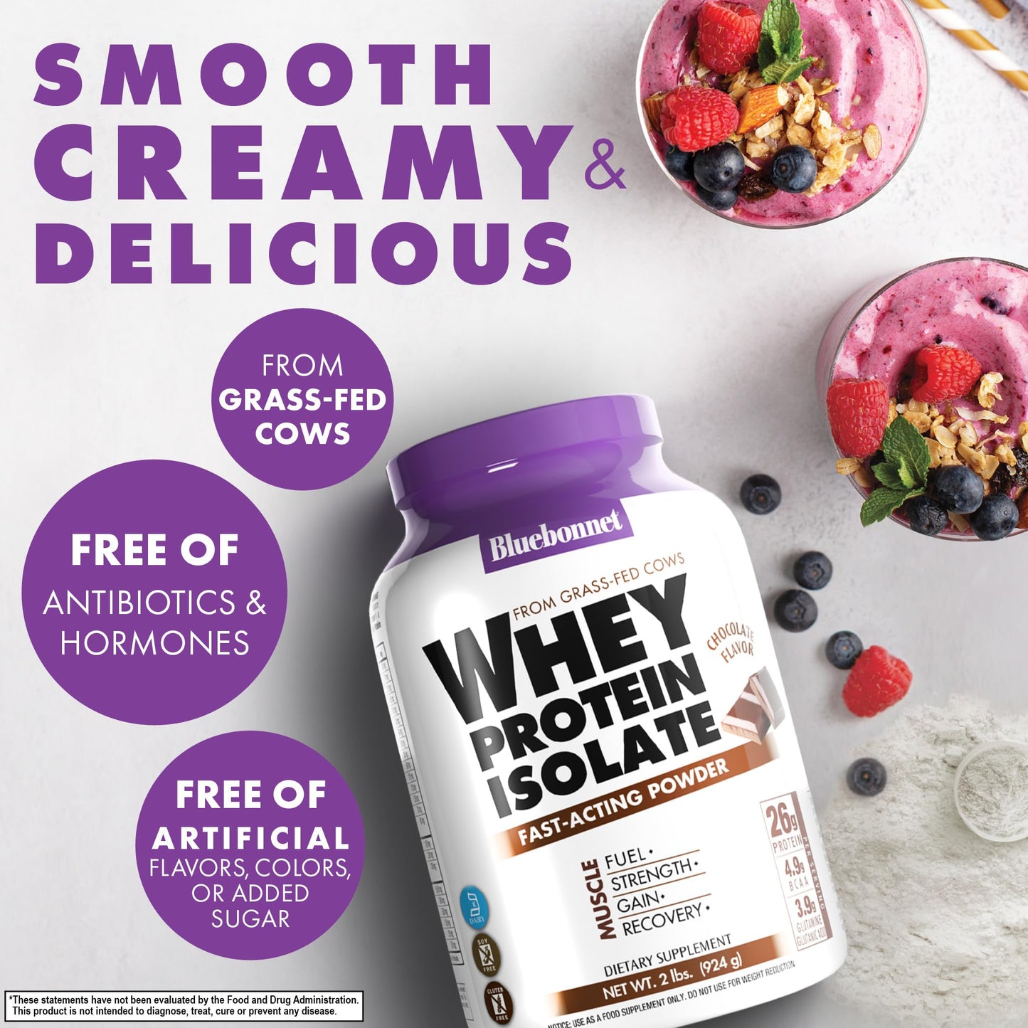 BlueBonnet Grass Fed Whey Protein Isolate 26 g Energy & Workout Recovery BCAA Amino Acids Protein Powder Chocolate 16