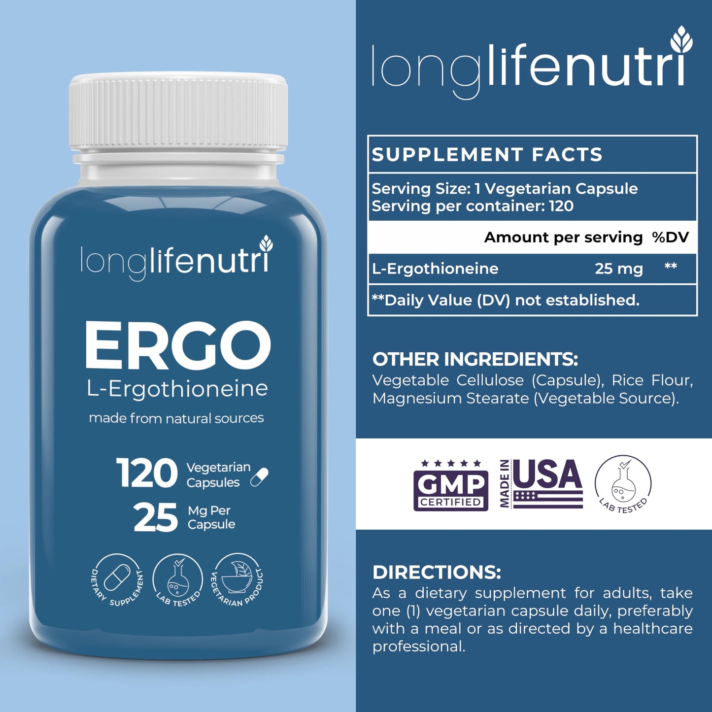 LongLifeNutri L-Ergothioneine 25mg Capsules, 120 Count