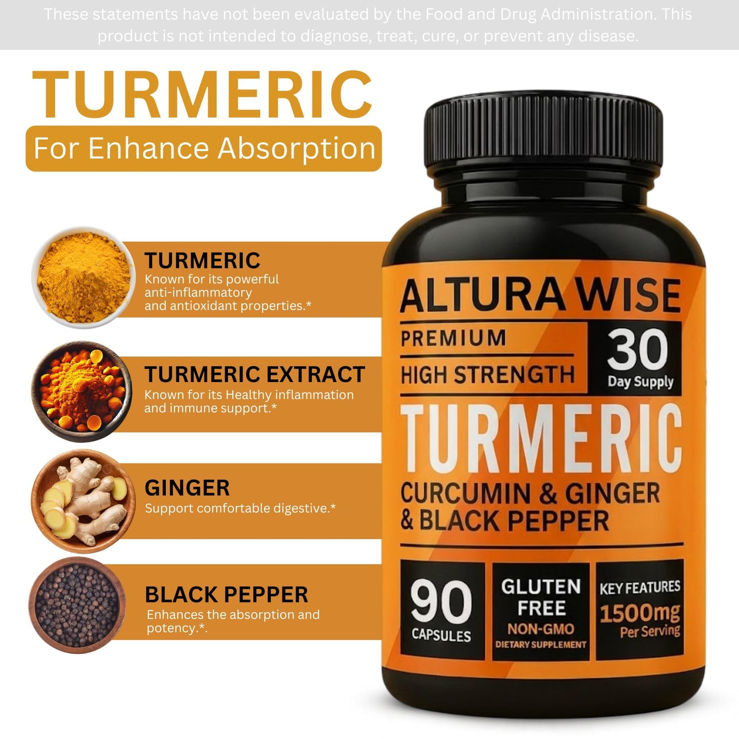 AlturaWise 4 in 1 Organic Turmeric High Strength with Black Pepper and Ginger Active Curcumin 1500mg, Capsules, 90 Count