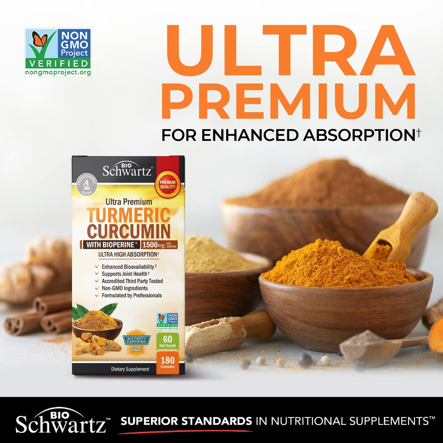 BioSchwartz Turmeric Curcumin with Black Pepper Extract 1500mg, High Absorption Turmeric Supplement with 95% Curcuminoids and BioPerine, Non-GMO Turmeric Capsules for Joint Support, 180 Capsules