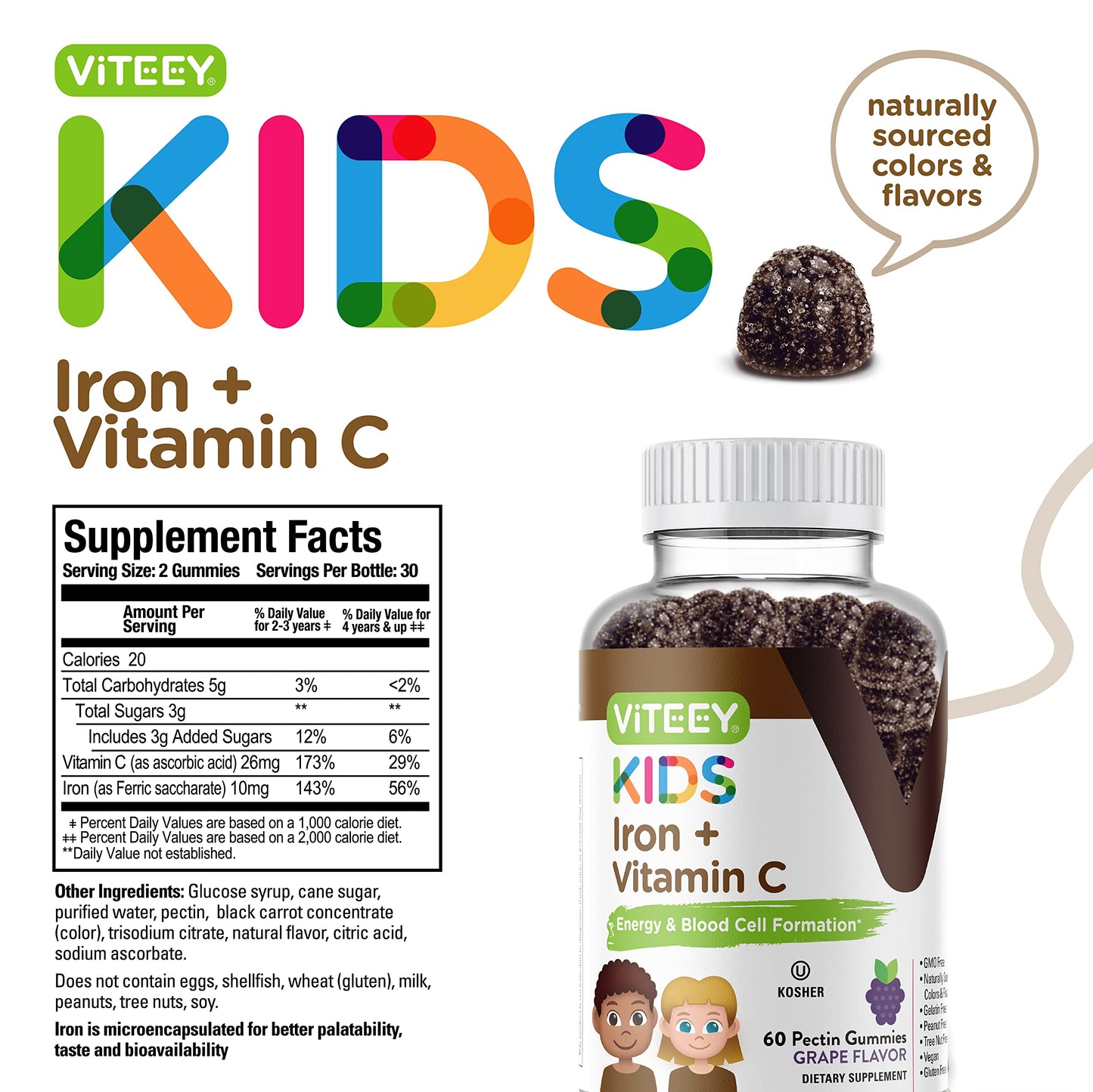 Viteey Iron for Kids with Vitamin C - Tasty Chewable Grape Flavored Gummy, 120 Count