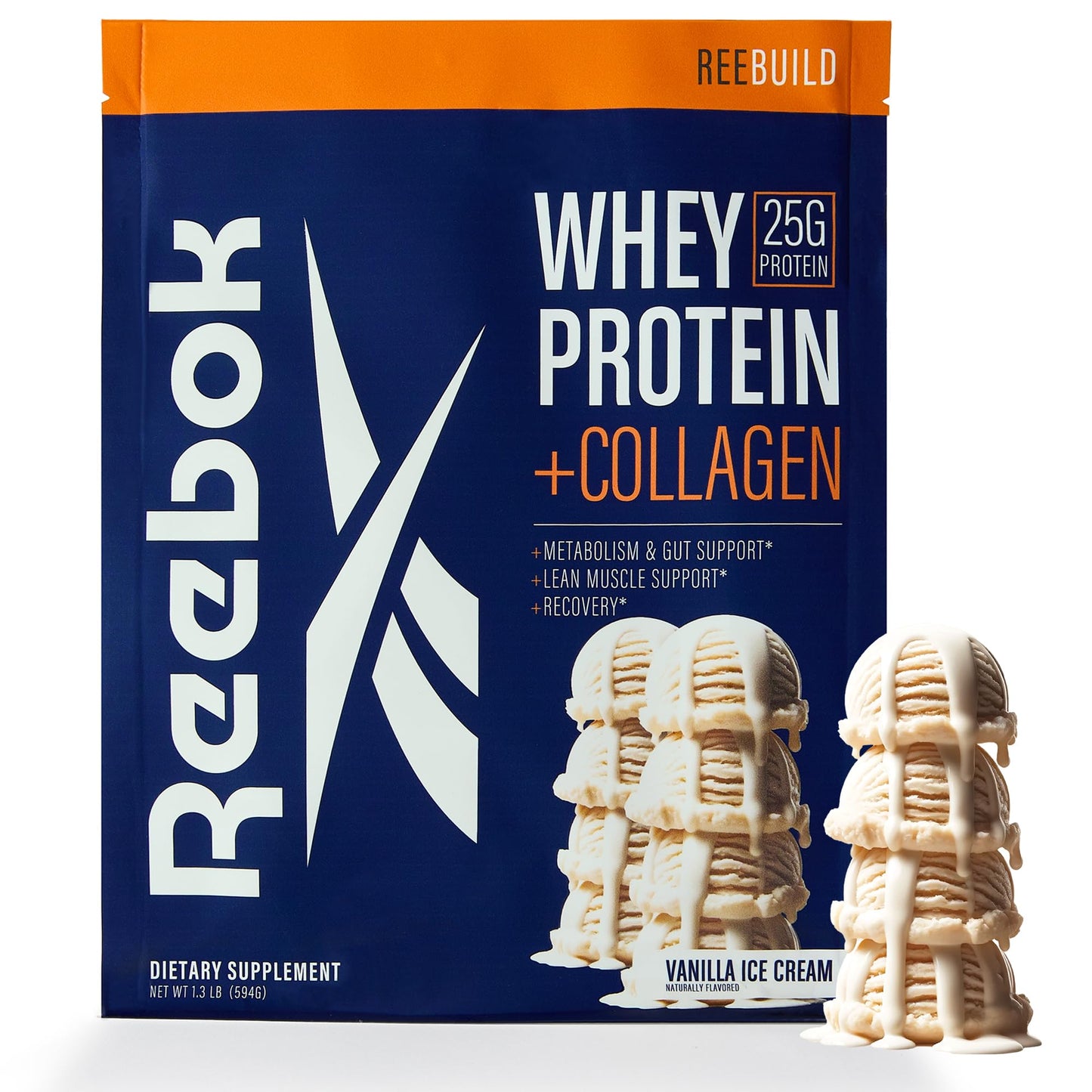 Reebok Whey Protein Powder + Collagen Peptides Vanilla Ice Cream Flavor, 1.31 lb