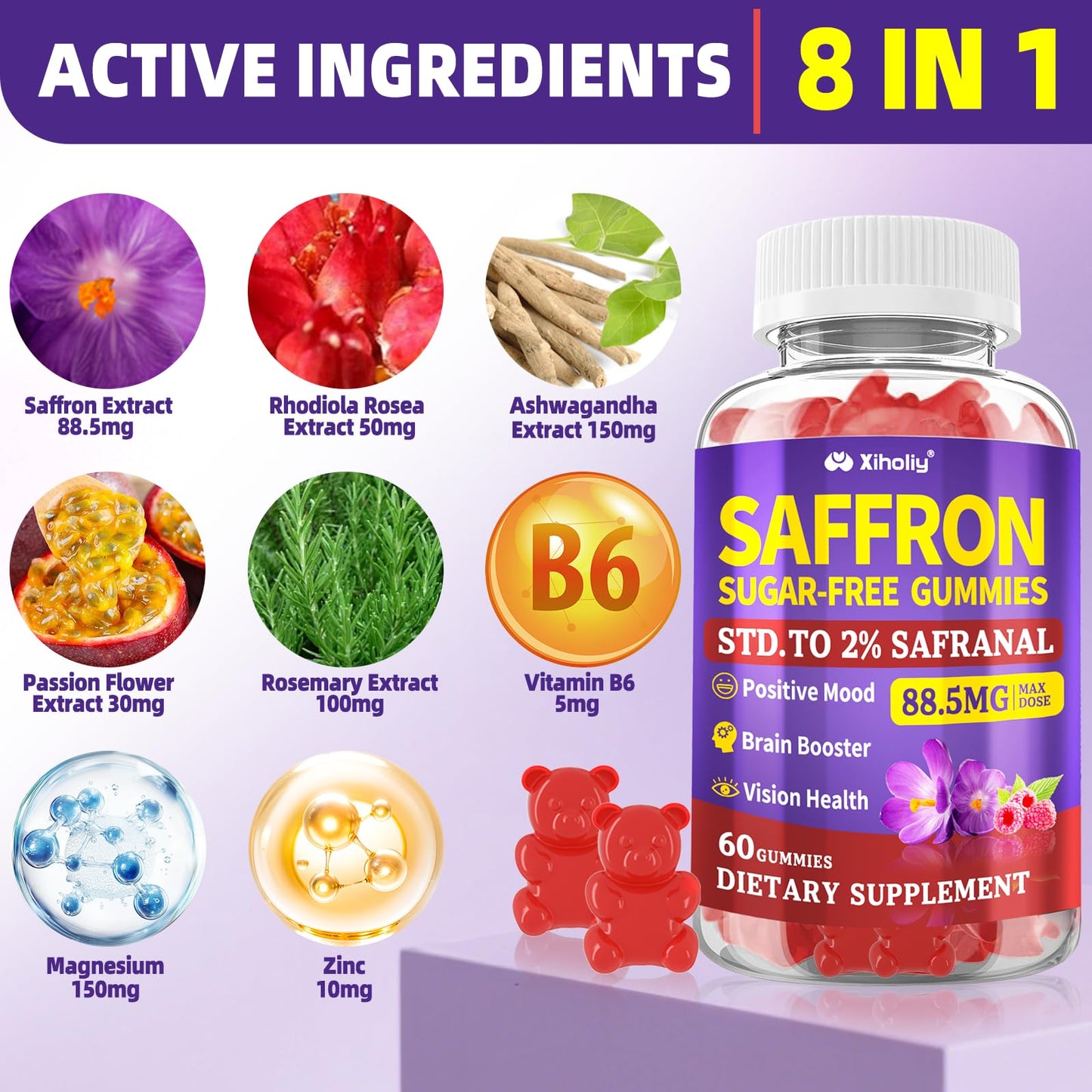 XIHOLIY Saffron Supplements Gummies, 60 Count