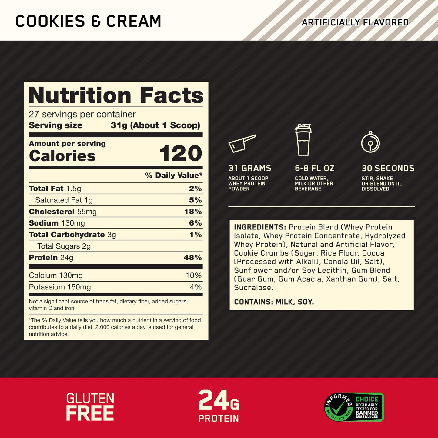 Optimum Nutrition Gold Standard 100% Whey Protein Powder Cookies & Cream, 2 lb, 32 Servings