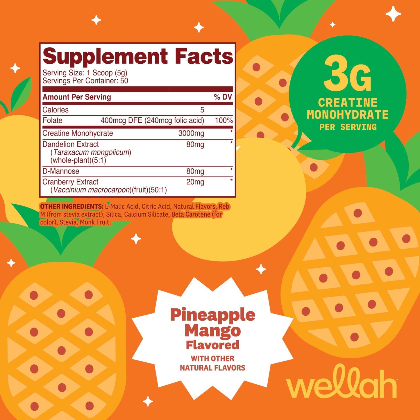 Wellah Creatine for Women - Creatine Monohydrate with Dandelion & Cranberry Extract Powder, 50 Servings
