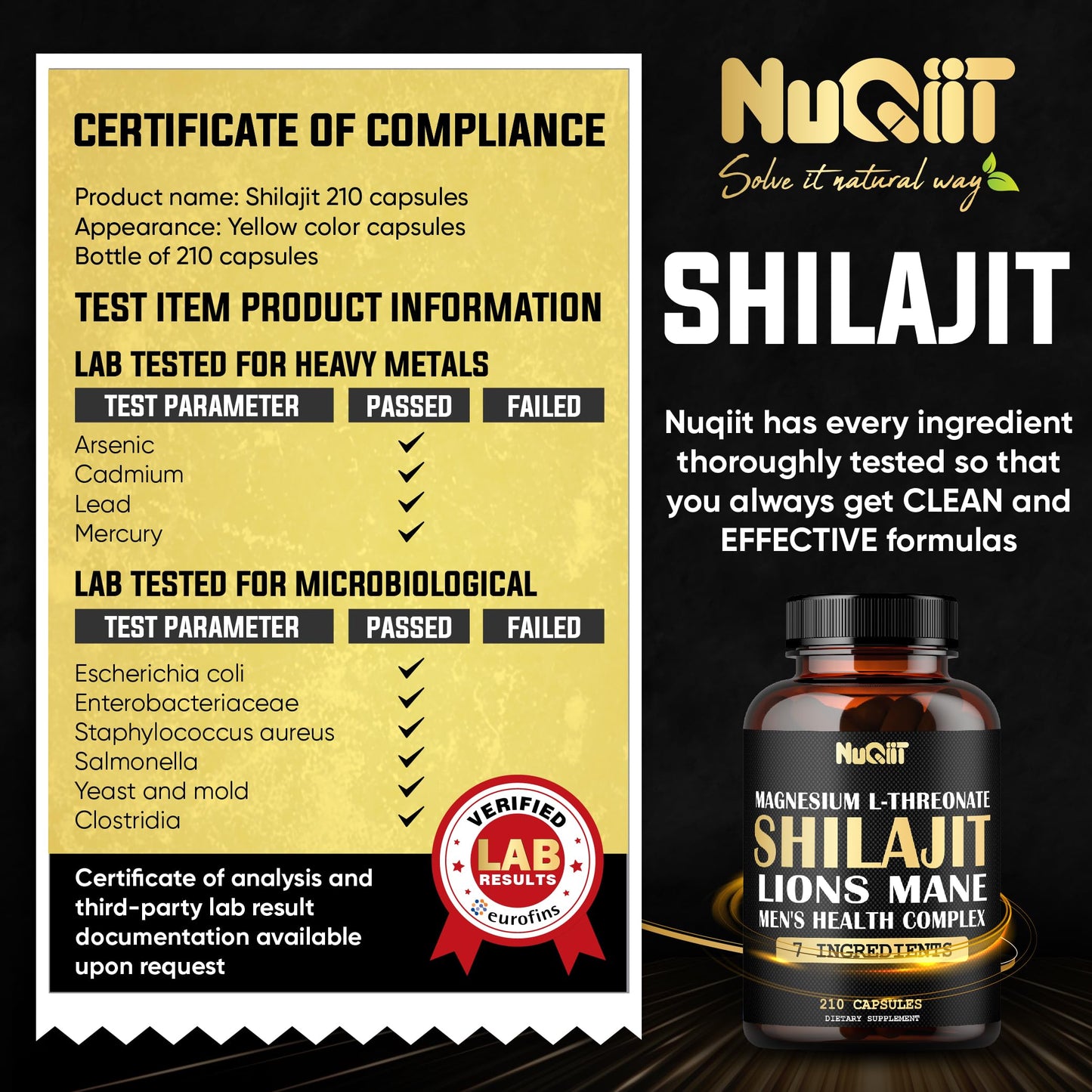 NUQIIT Magnesium with Lions Mane, Shilajit Capsules, Male's Health Complex with Ashwagandha & Maca Root, 210 Capsules