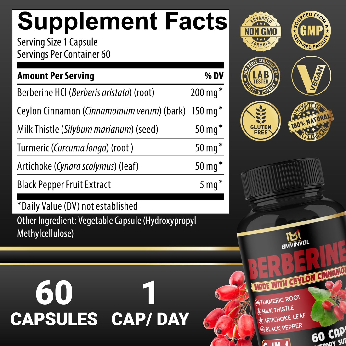 BMVINVOL Berberine with Ceylon Cinnamon, Turmeric, Milk Thistle, Artichoke, Black Pepper Capsules, 60 Count